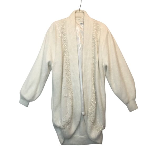 VTG Womens 2XL Open Cardigan Longline Sweater White Angora Blend Pearl Embellish - Picture 1 of 12